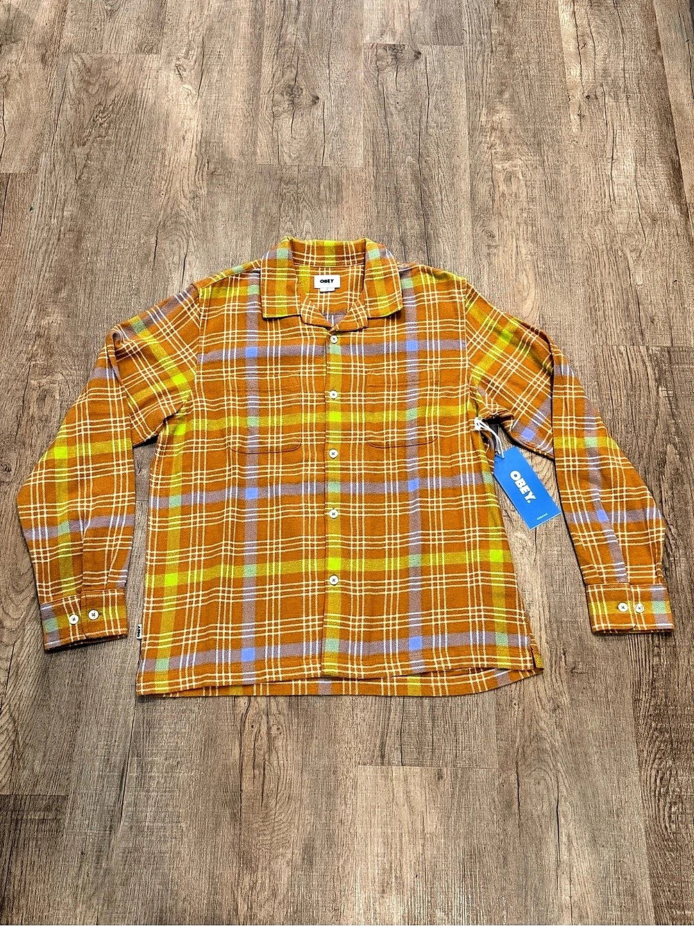 OBEY Plaid Button Down in Orange & Blue Size Medium